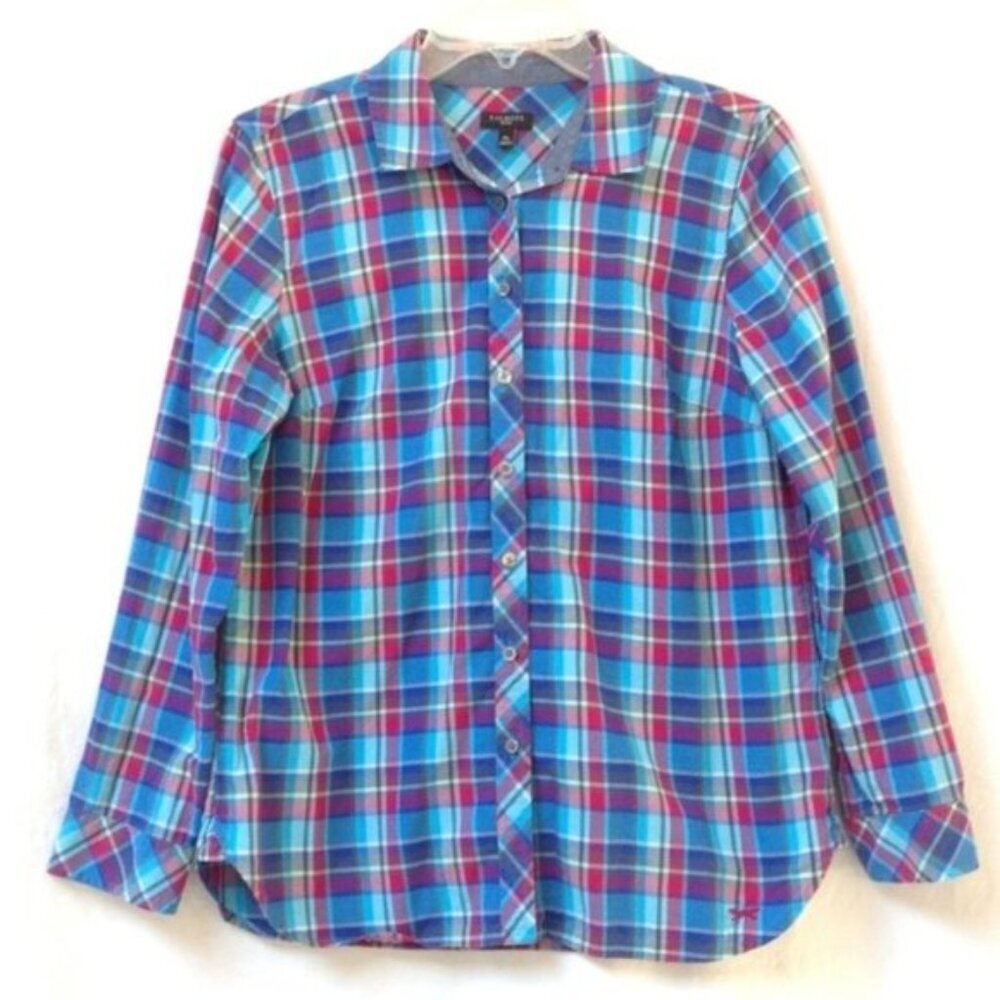 Talbots Plaid Shirt Womens Medium Blue Pink Long Sleeves Workwear Western Boho